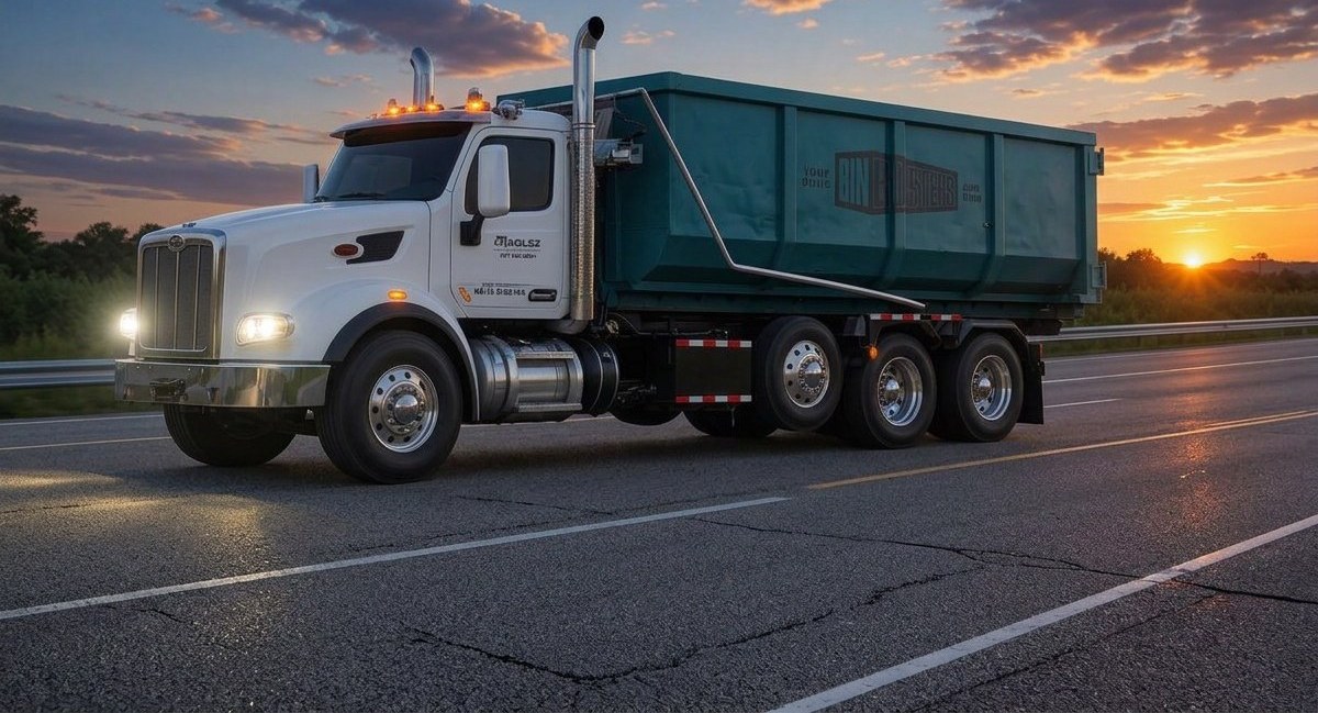 Roll-off truck hauling a Bin Busters container at sunset