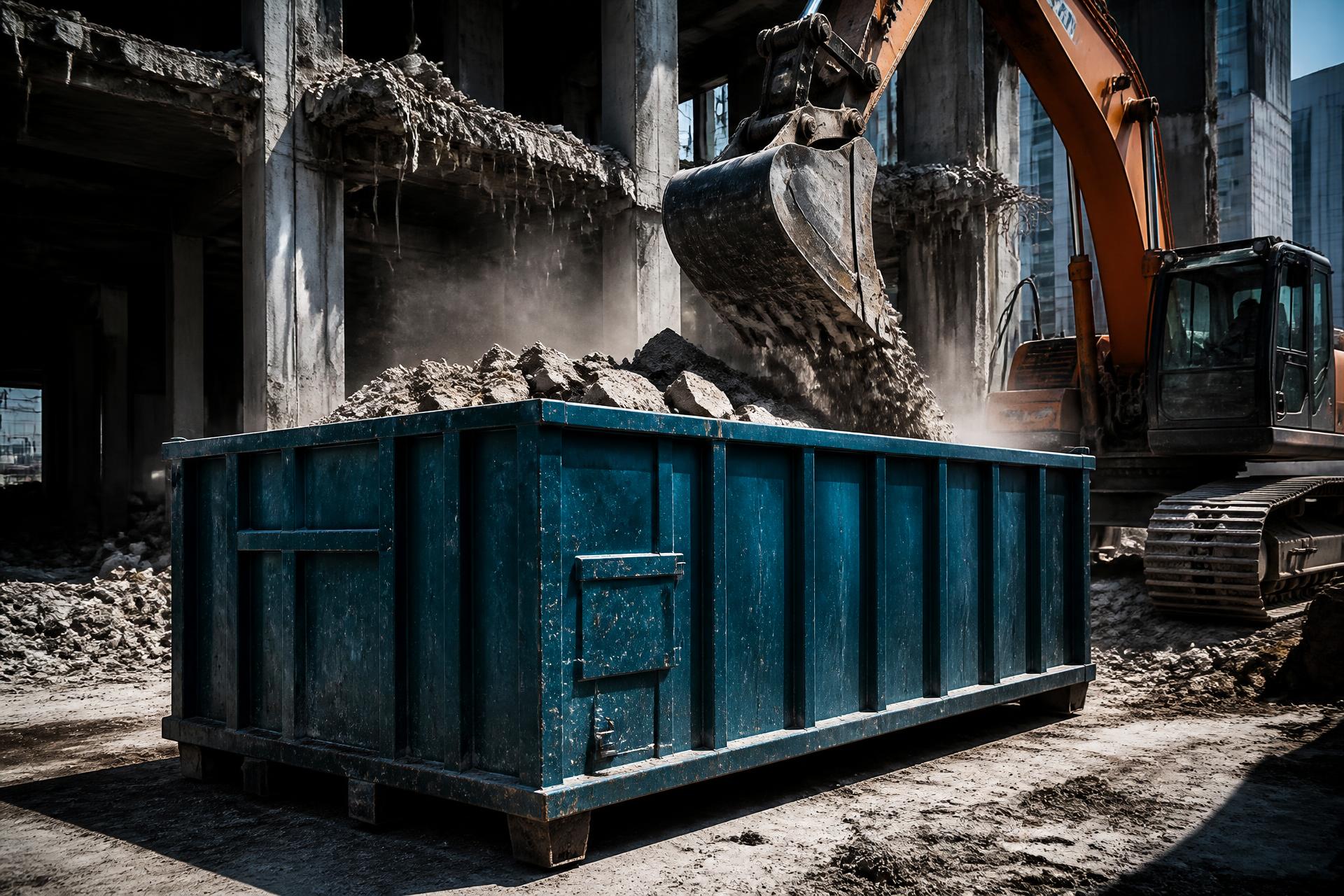 Bin Busters roll-off container taking debris on a demolition site
